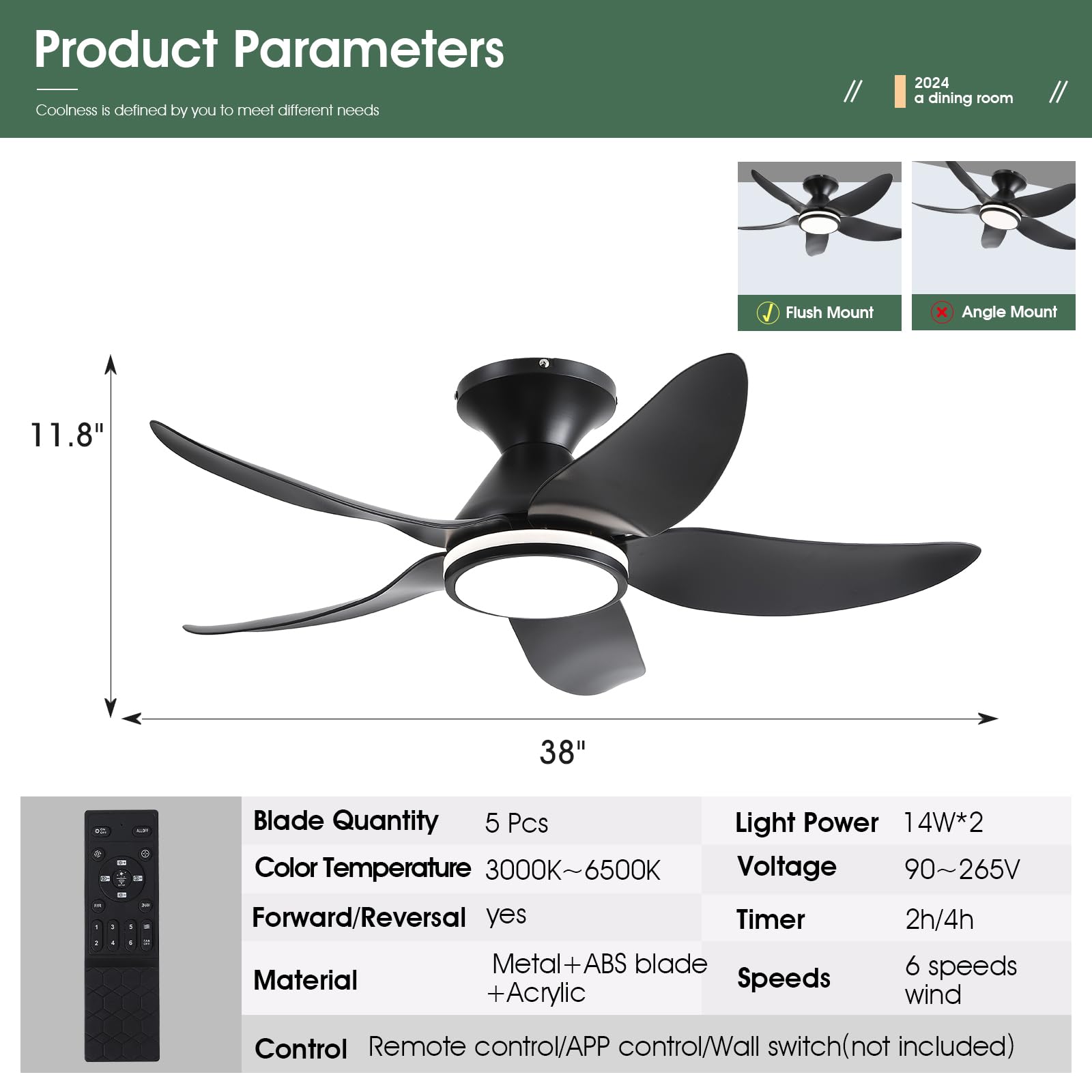 Kviflon Ceiling Fans with Lights and Remote/APP Control, 38 inch Low Profile Flush Mount Ceiling Fans with 5 Reversible Blades 6 Speeds, 3 Colors Dimmable+Side Ligts for Bedroom Dining Room, Black
