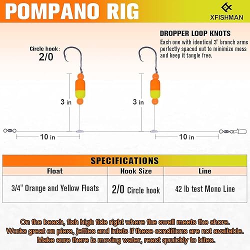 Vista 4 de Aparejos Pompano para Pesca de Surf en Agua Salada con Gancho de Doble Círculo y Espacio Amplio - Juego de 6 Accesorios de Pesca de Surf Flotadores