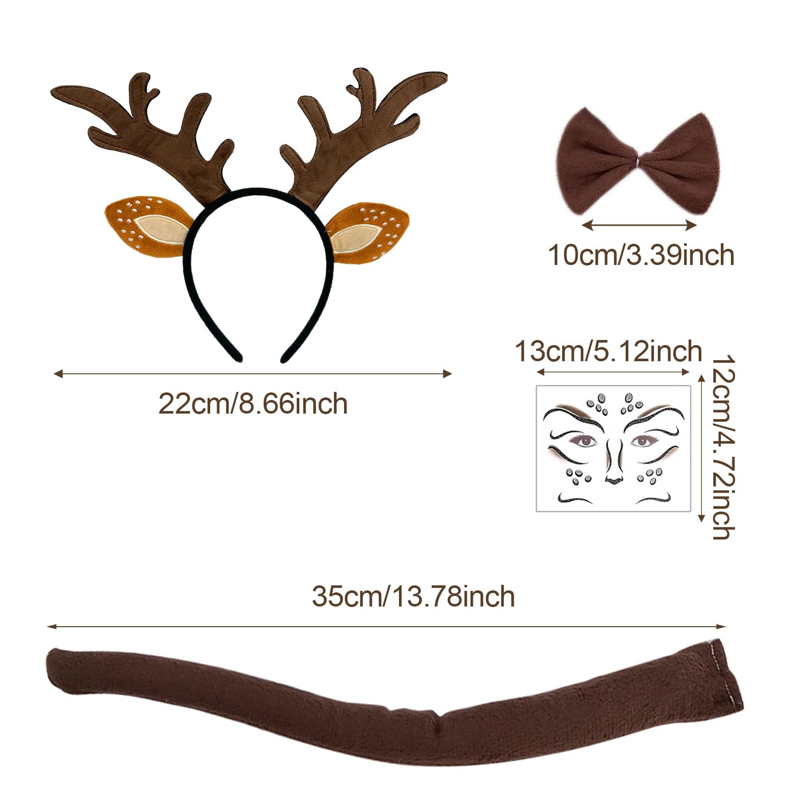 EUPSIIU Reindeer Headband, Deer Face Tattoo, Antler Headband, Reindeer tail, Reindeer Bow Tie, Women's Costume, Halloween, Carnival, Christmas, Elves Party for Christmas Favours (Brown) - Image 2