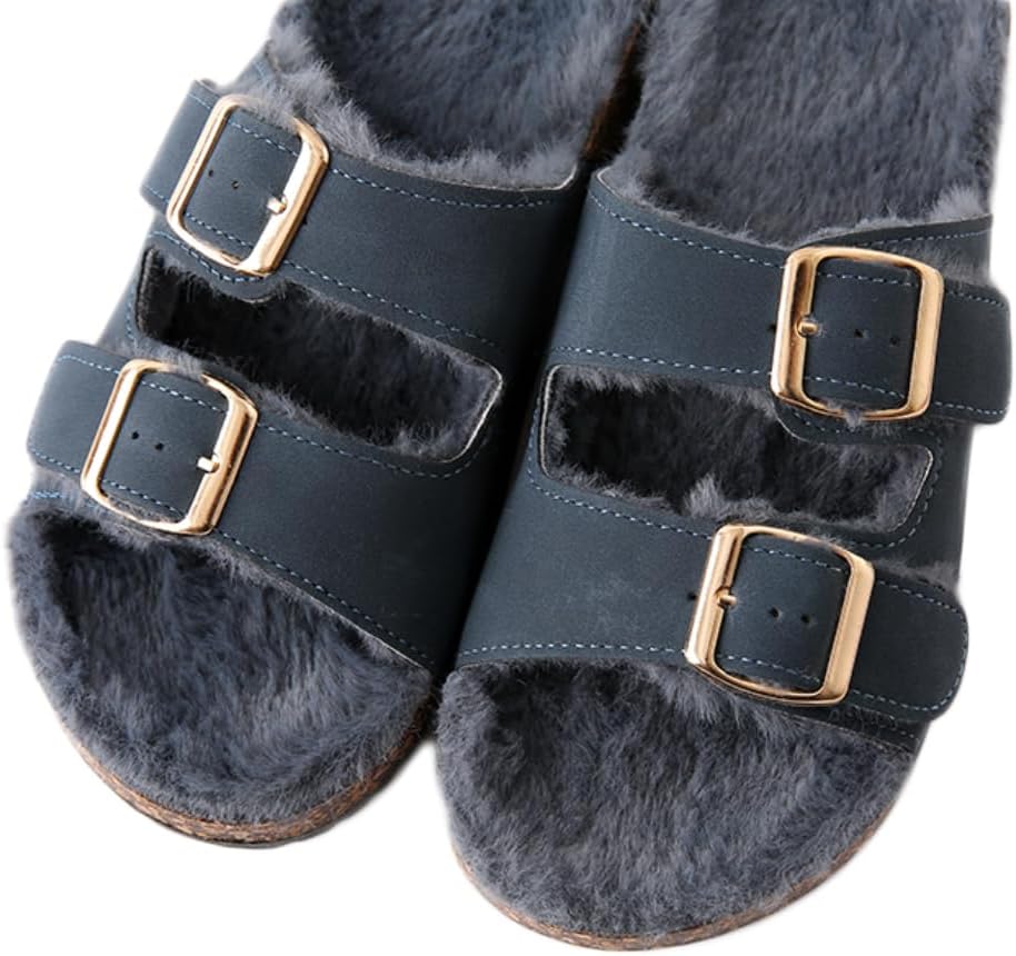 Roxoni Women's Open Toe Feather Slipper with Adjustable Double Buckle Cozy Cork Slide Sandal - Image 2