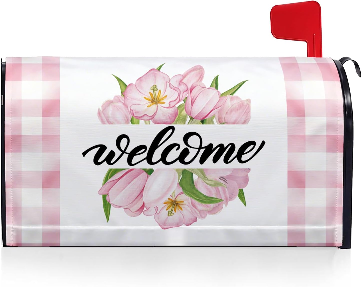 Pink Buffalo Plaid Tulip Flower Mailbox Covers Magnetic Standard Size 18x21 Inch, Rustic Pink Floral Mailbox Wraps Post Letter Box Cover Decorations for Holiday Garden Yard Decor
