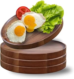 Acacia Wooden Dinner Plates & Tray Set - Set of 4 (7.9 Inch), Reuseable & Lightweight Round Plates for Food, Desserts & Meals - Easy to Clean, Unbreakable, Classic Eco-Friendly Design