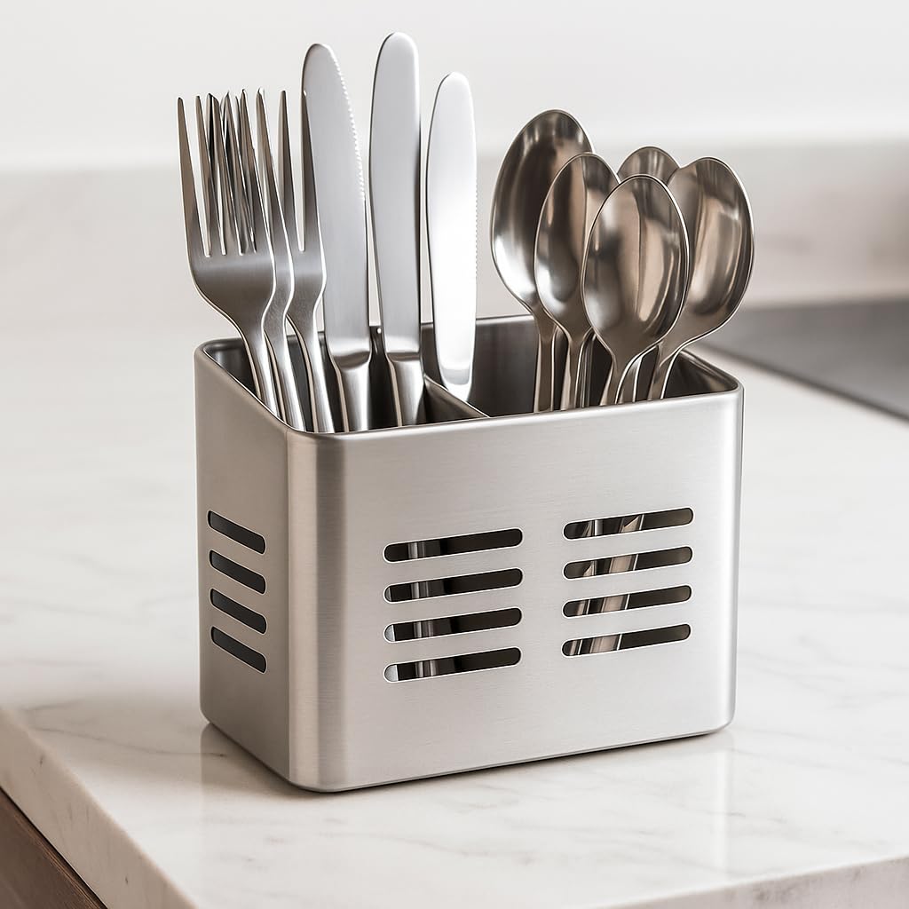 Portautensili Rettangolare da Cucina - Contenitore Portaposate in Acciaio - Scolaposate - Portapenne Metallico - 16 x 9 cm
