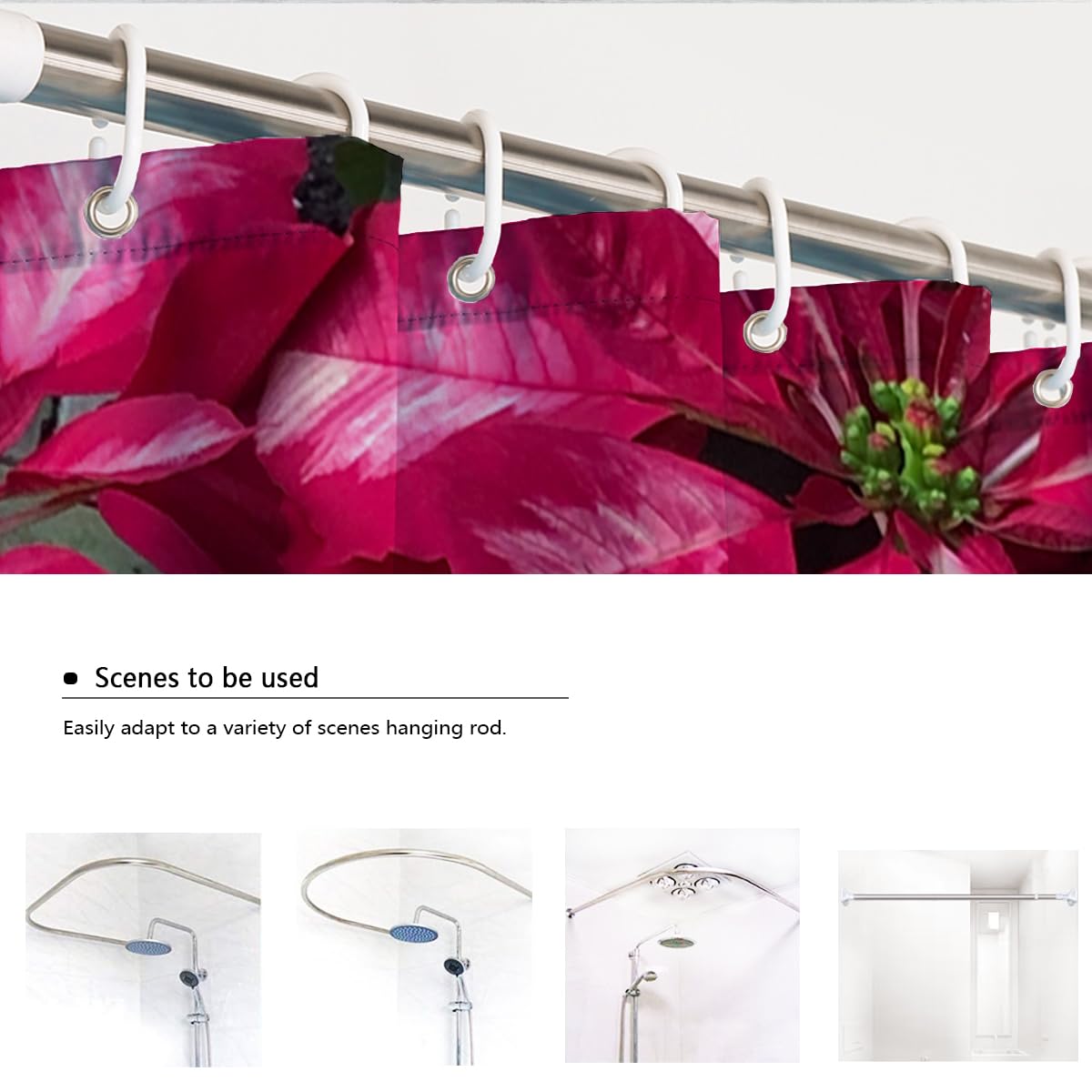 Cortina de Ducha roja 240Bx200Lcm Moda para el hogar Flores de Navidad Poinsettias Tela Cortinas de Ducha de baño 240Bx200Lcm con Ganchos Diseño Impermeable y Lavable