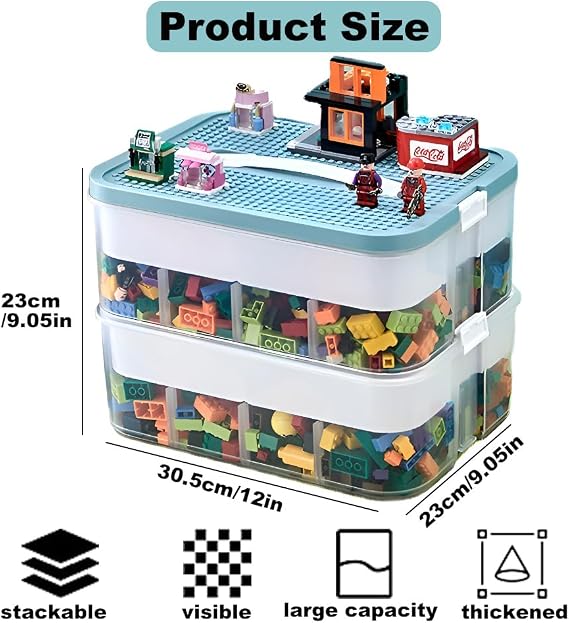 Lego Storage Box, Kids Toy Storage Organizer, Stackable Plastic Container with Lid & Handle, Multi Compartment Chest Case for Building Blocks, Crafts, Jewelry, Beads, Tools, Toys (2-Tier Green)