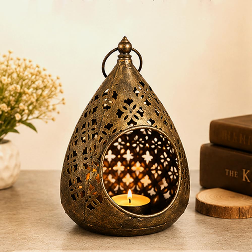 Handcrafted Metal Tea Light Candle Holder Lantern | Decorative Vintage Candle Holder | Home Decor for Room, Balcony, Diwali & Gifting (Bronze Finish) (Nest Shaped Candle Holder)-image-25