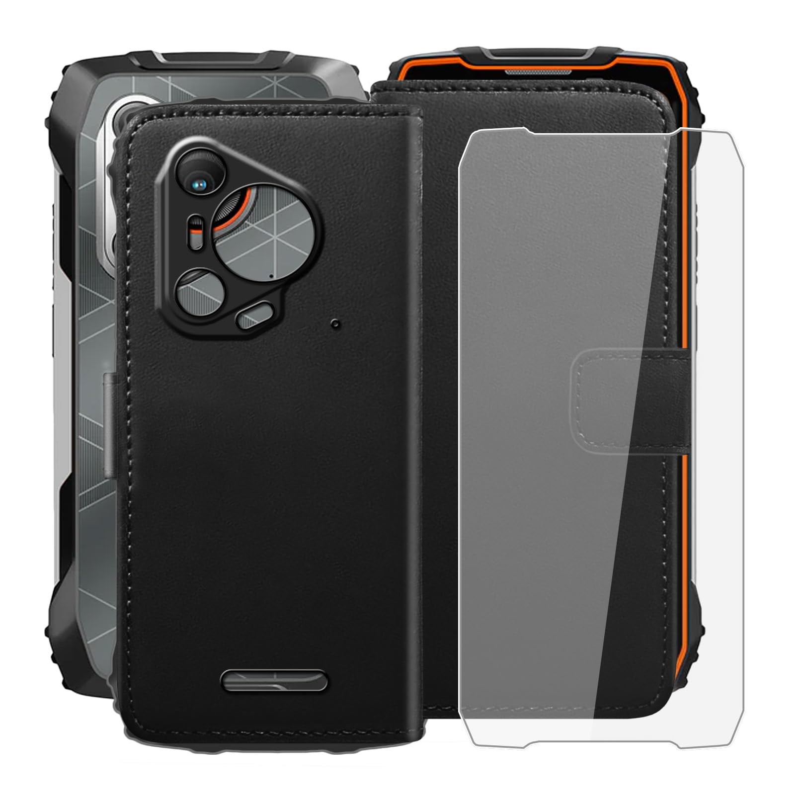 Custodia Portafoglio Con Vetro Temperato Per Blackview BL7000, Pelle PU E Supporto, Nero