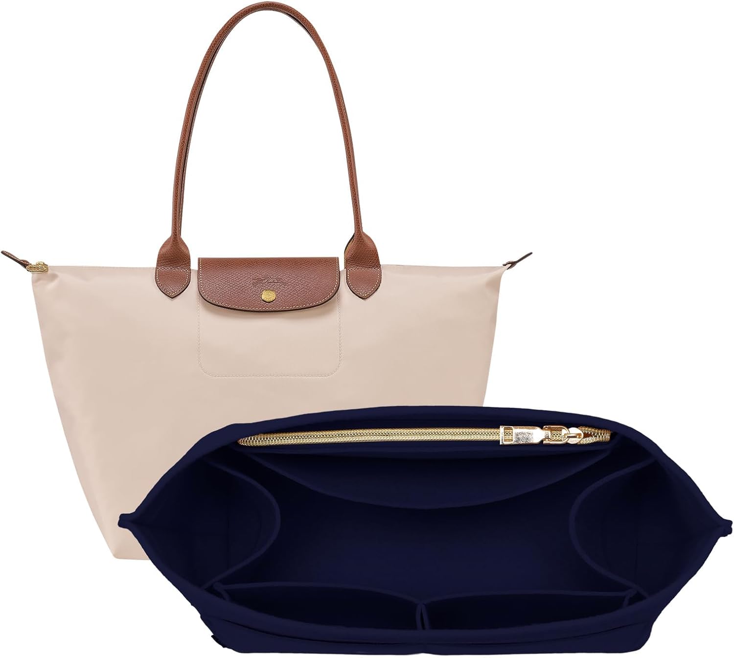 opposhe purse organizer insert for longchamp le pliage, premium felt long champ bag handbag women, tote organizer insert with 9 compartments (large, navy) l-11.5*7.5*9.7in navy