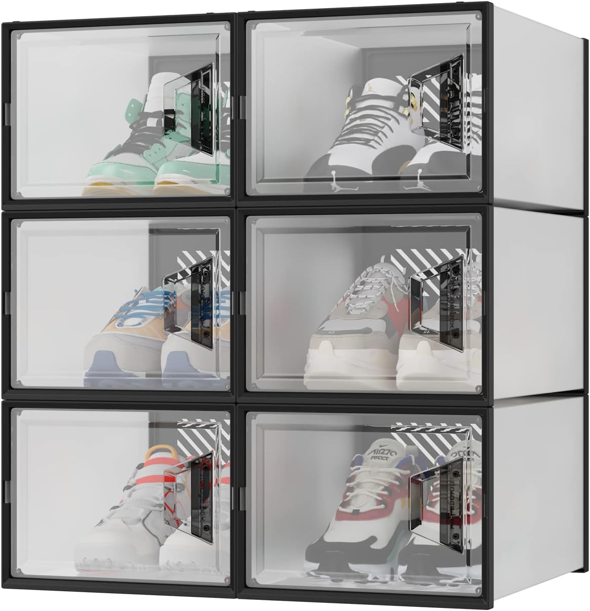 6 Pack Shoe Box Clear Platic Stackable Shoe Storage Containers, Drop Front Sneaker Storage Space Saving Shoe Organizer Box, Fit Up to Size 14 Black