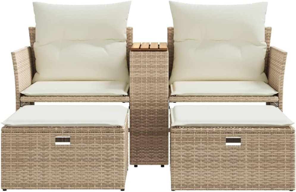2-Seater Garden Sofa with Retractable Footstools, Outdoor PE Rattan Patio Loveseat with Plush Cushions, Beige Weather-Resistant Terrace Furniture