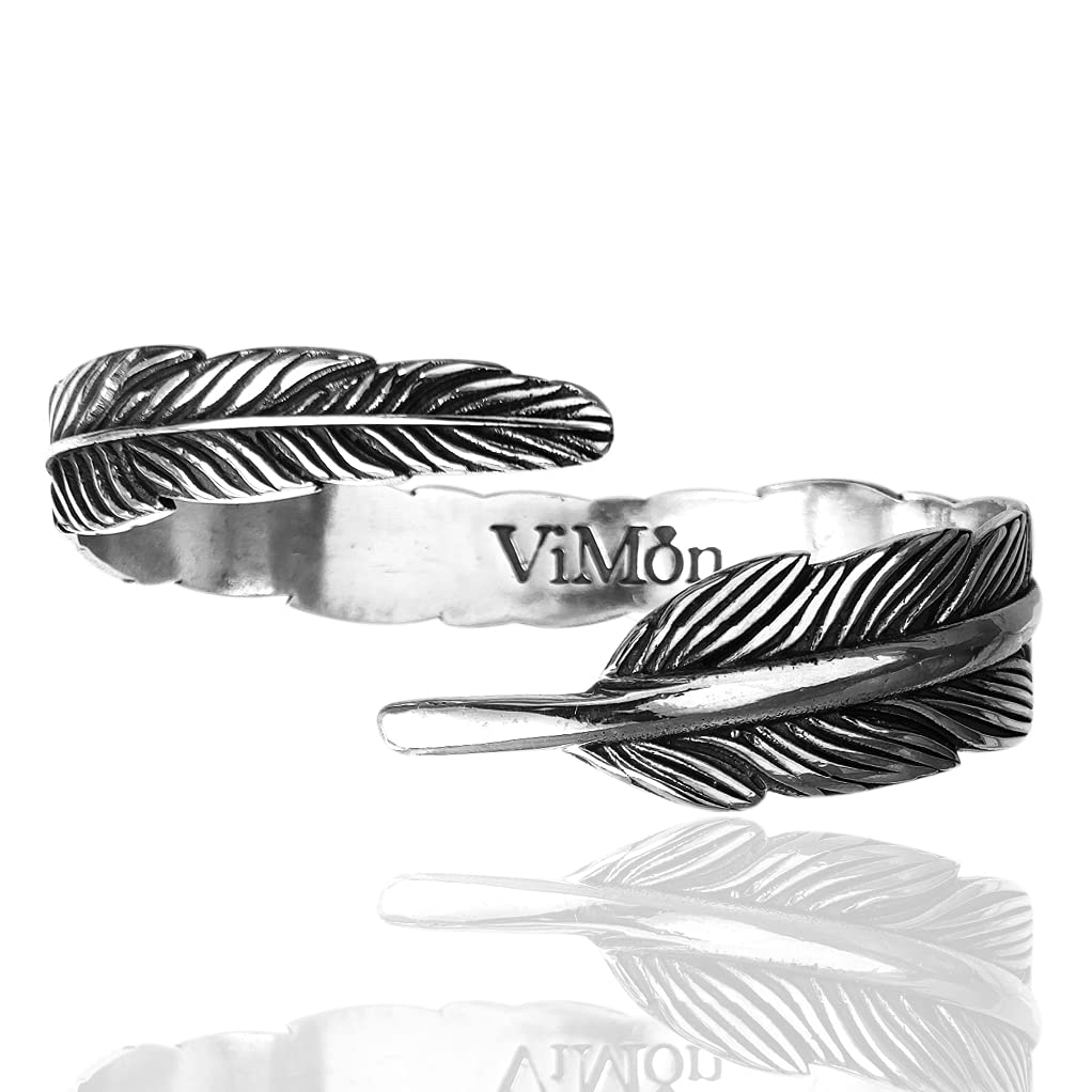 Ethno-Armband für Damen und Herren, starre Armspange in Federform in antikschwarzem 925er Silber.