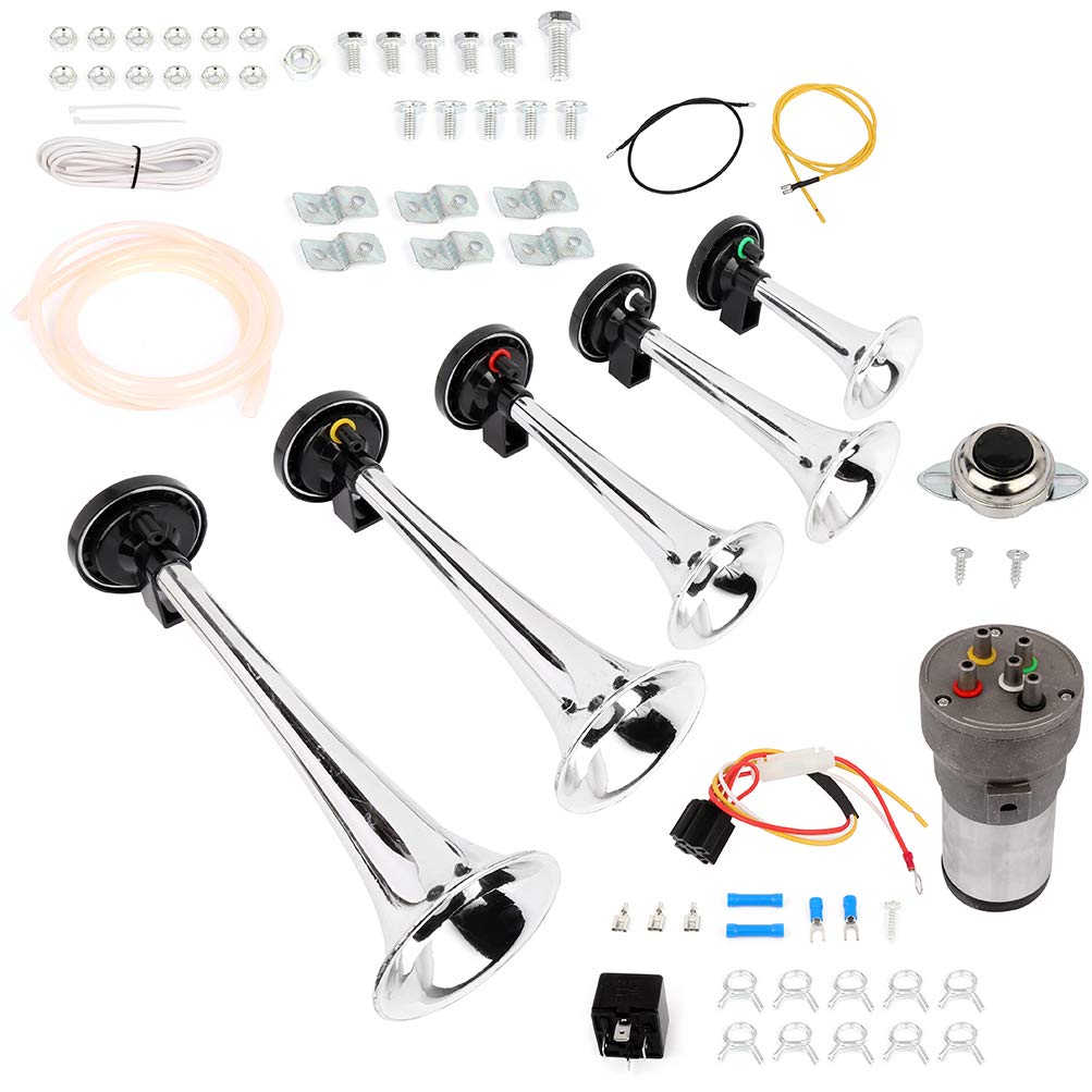 Air Horn Kit, 12V 150dB Super Loud 5 Trumpet Electric Musical Electric Train Car Horn with Compressor for Trucks Cars Vans Boats RVs SUVs
