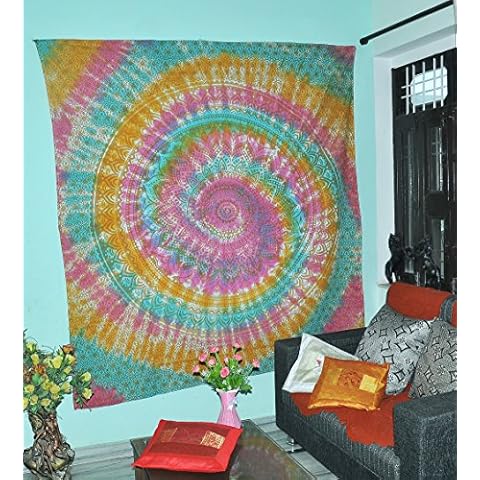 Gokul Handloom Gold Ombre Multi Color Tie Dye Indian Wall Hanging Hippie Mandala Tapestry Bohemian Bedspread Ethnic Dorm Decor Cover