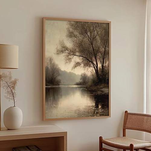 EPLKJHRTU Vintage Dark Moody River Tree Retro Canvas Wall Art Print Vintage Landscape Poster Rustic Painting for Home Office(60x80cm/Frameless)