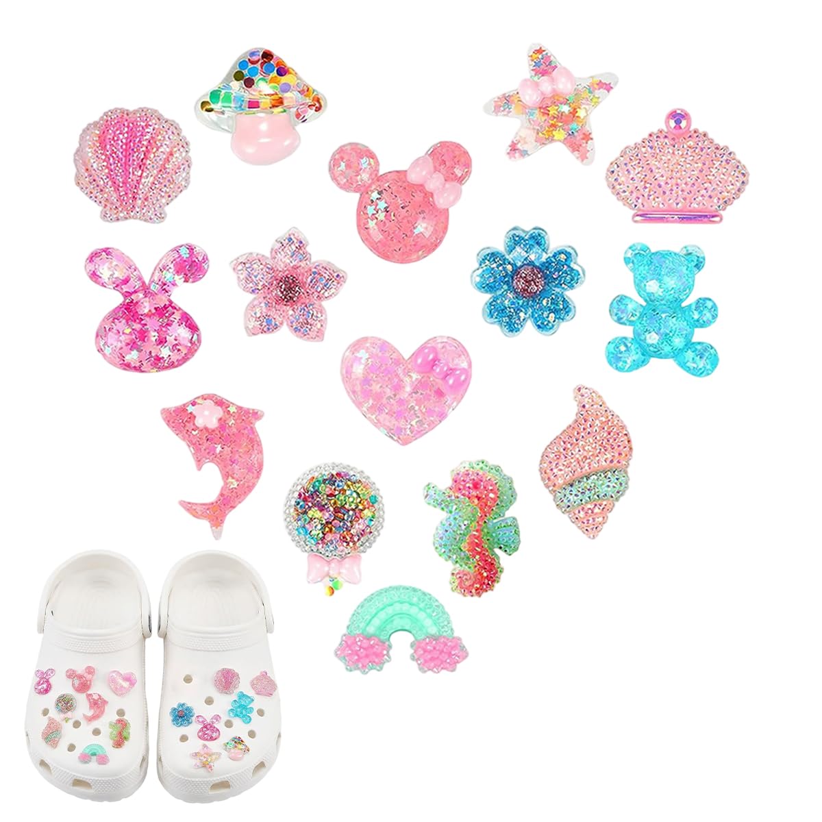 15Pcs DIY Glitter Shoe Charms for Clogs Sparkly Decorative Clog Accessories, Sakura, Mushroom, Seashell & More Shoe Embellishments for Garden Shoes Snap-In Shoe Charms