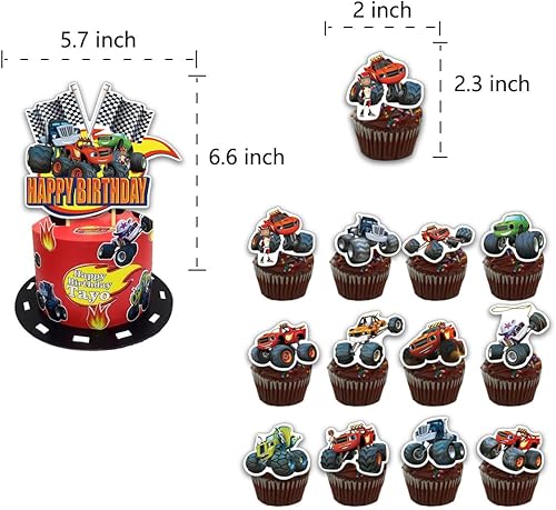 Miniatura 3 de Suministros de fiesta de cumpleaños para blaze Incluye pancarta de feliz cumpleaños inspirada en el fuego, fondo, decoración de pastel, 24 adornos