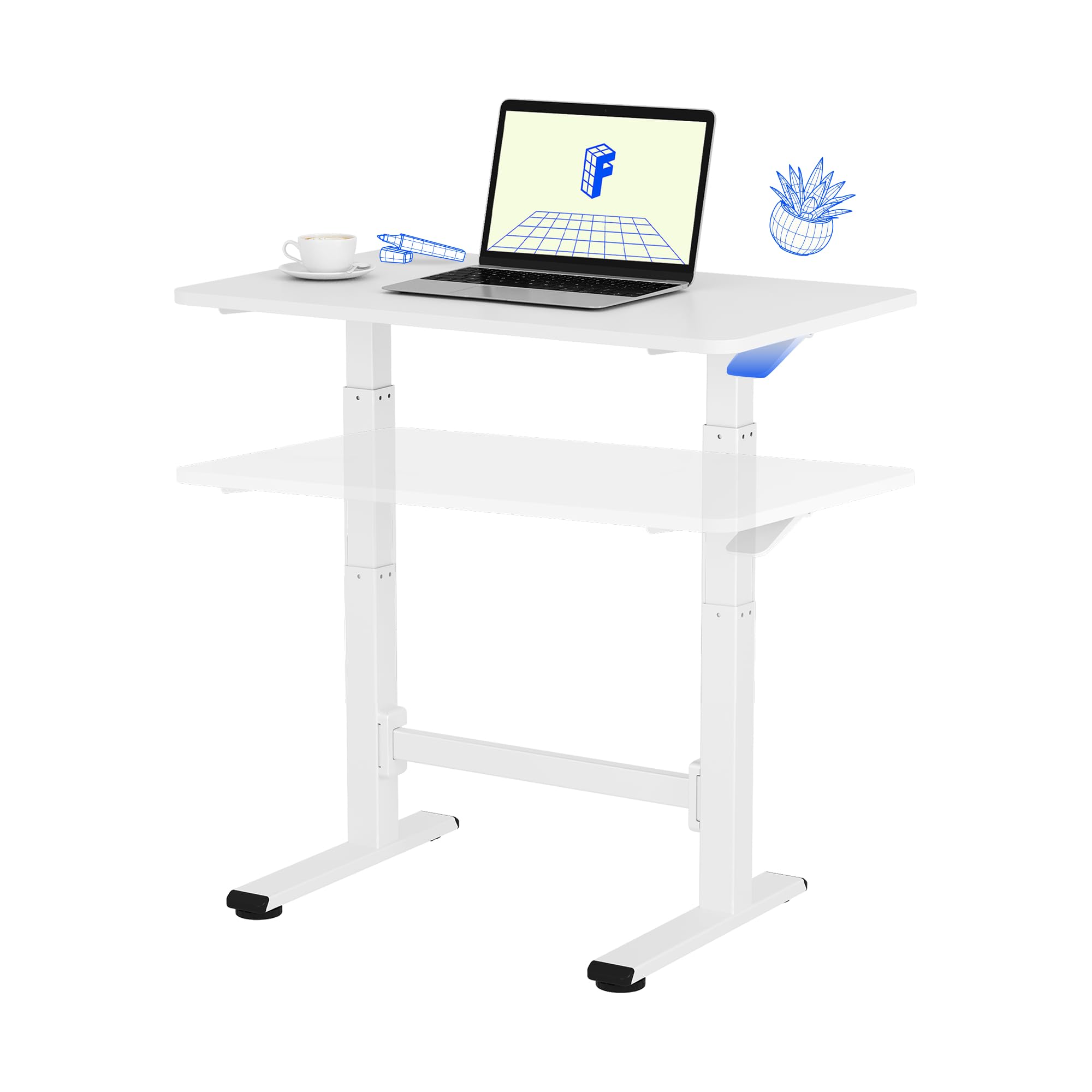 FLEXISPOT Small Standing Desk 80×50cm with Wheels, Pneumatic Height Adjustable Rolling Laptop Table, Mobile Bedside Workstation, White