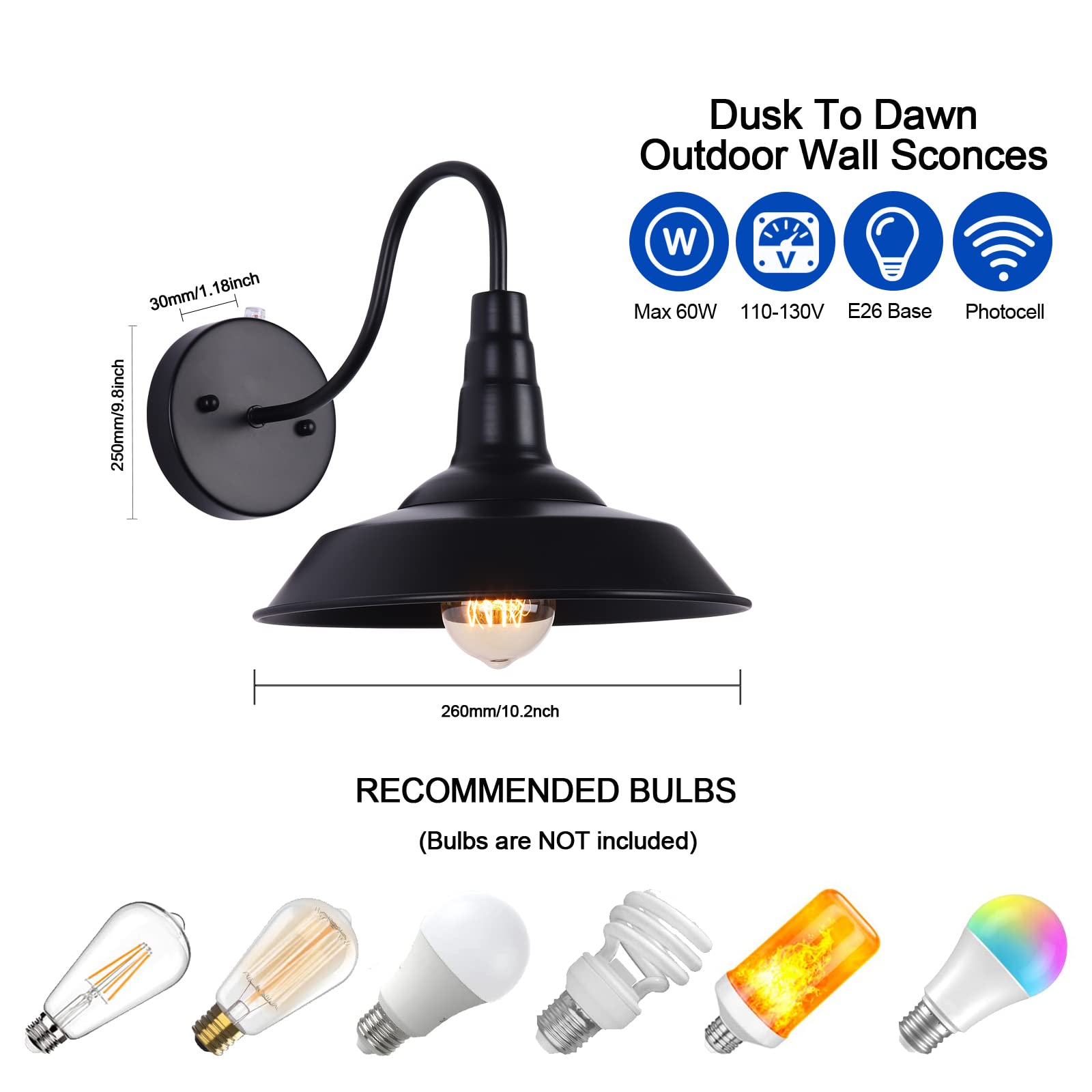 SWORDFORCE Gooseneck Barn Lights Outdoor Wall Mount, Dusk to Dawn Vintage Matte Black Outdoor Sconce Anti-Rust Waterproof Outdoor Light for House Porch Entryways Garage