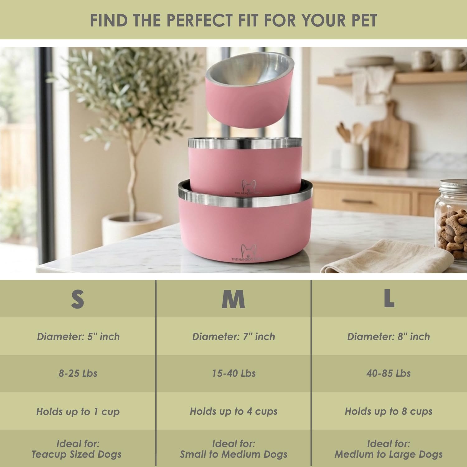NANDOG Hundenapf für Futter und Wasser mit rutschfester Gummiunterseite, metallisolierte Edelstahl-Hundenäpfe, doppelwandig, langlebig und spülmaschinenfest, für alle Hunde (Rosa, groß)
