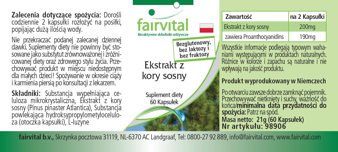 Fairvital | Estratto di corteccia di pino 100 mg - 180 capsule (60 x 3) - ad alto dosaggio - Pinus pinaster atlantica - 95% proantocianidine - VEGAN