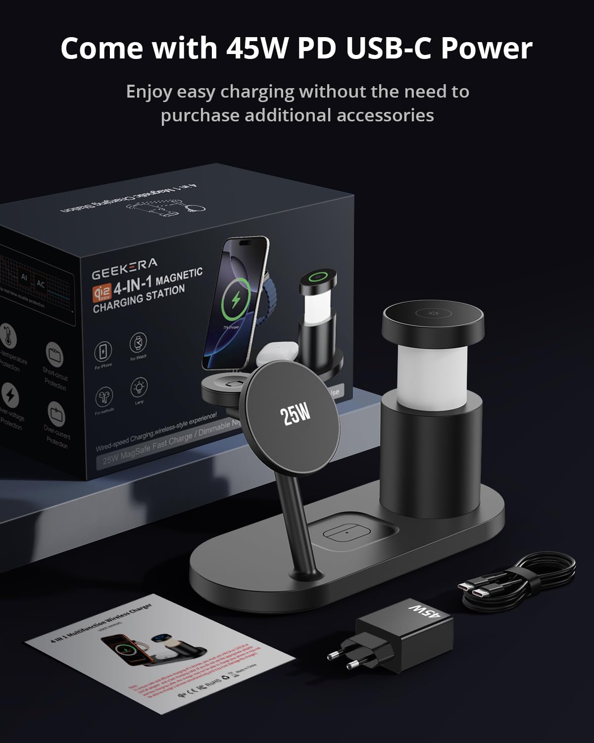 GEEKERA 25W Fast 4-in-1 Ladestation: Mag-Safe kabelloses Ladegerät, induktive Schnellladegerät mit Nachtlicht für iPhone 17 16 15 14 13 12, Apple Watch 11-2, AirPods, inkl. Ladekabel & 45W Netzteil
