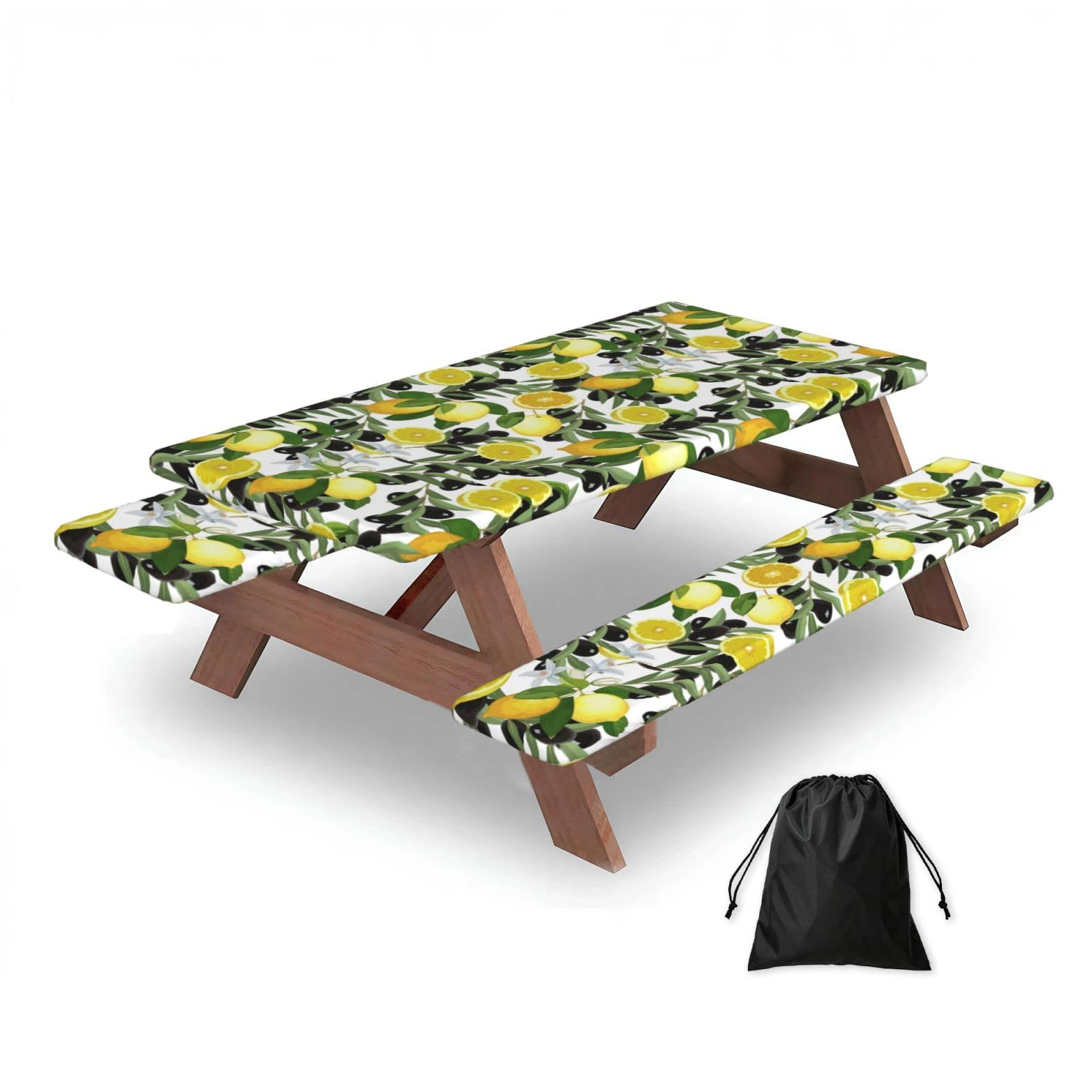 Dopklna As Picture Lemon And Olive, Picnic Table Cover With Bench Covers -Waterproof Elastic Fitted Tablecloth For Garden Camping Patio 76X152cm