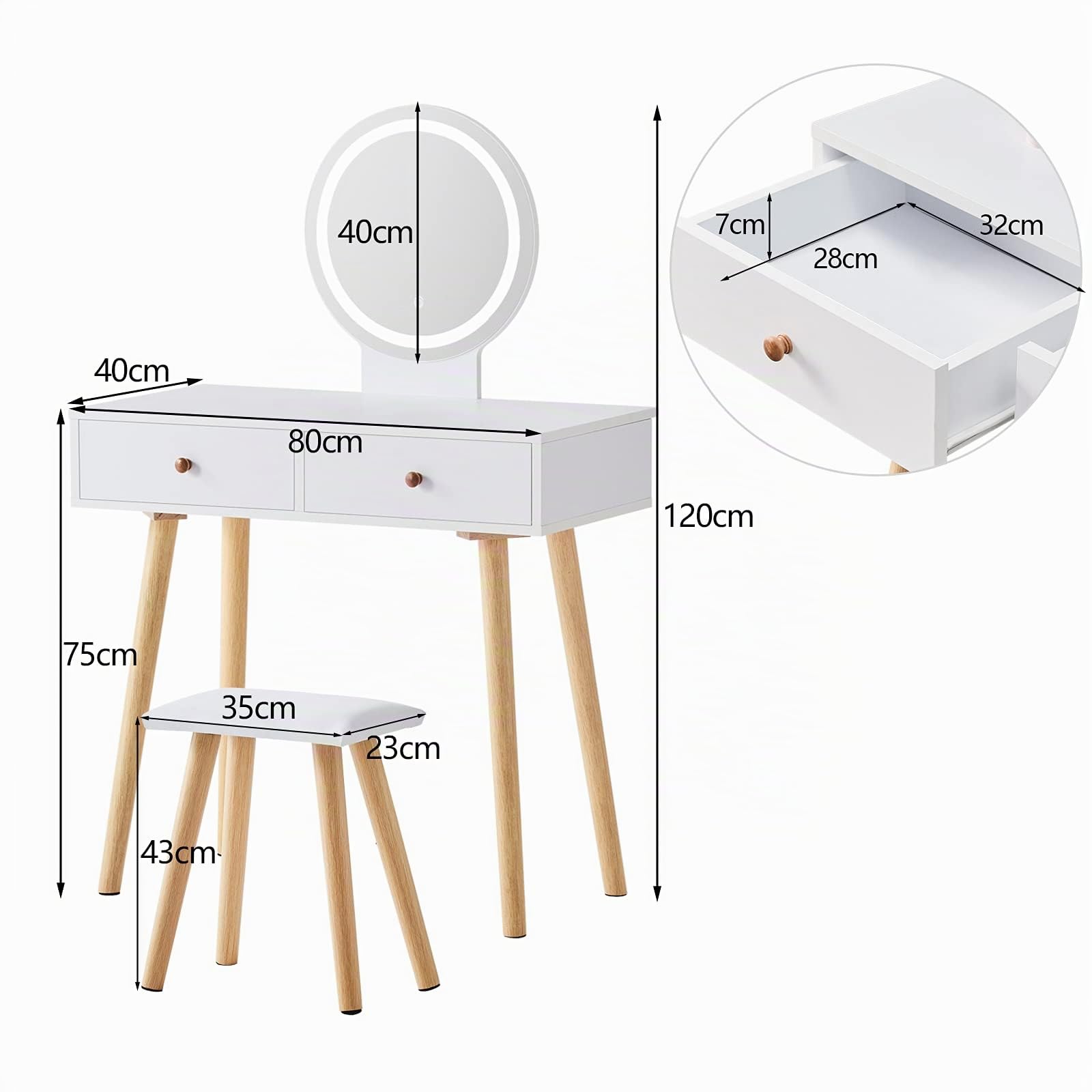 TUKAILAi Tocador Blanco con LED de Brillo Ajustable, Luces táctiles, Espejo, Taburete y 2 cajones, Juego de tocador, Mesa de Maquillaje, cosméticos, tocador, Muebles de Dormitorio