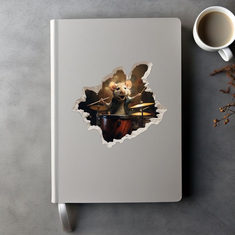 Miniatura 3 de Drummer Mouse in Mouse Hole - Calcomanía de pared 3D, decoración del hogar de dibujos animados, arte de vinilo, estantería, laptop, aula, habitación