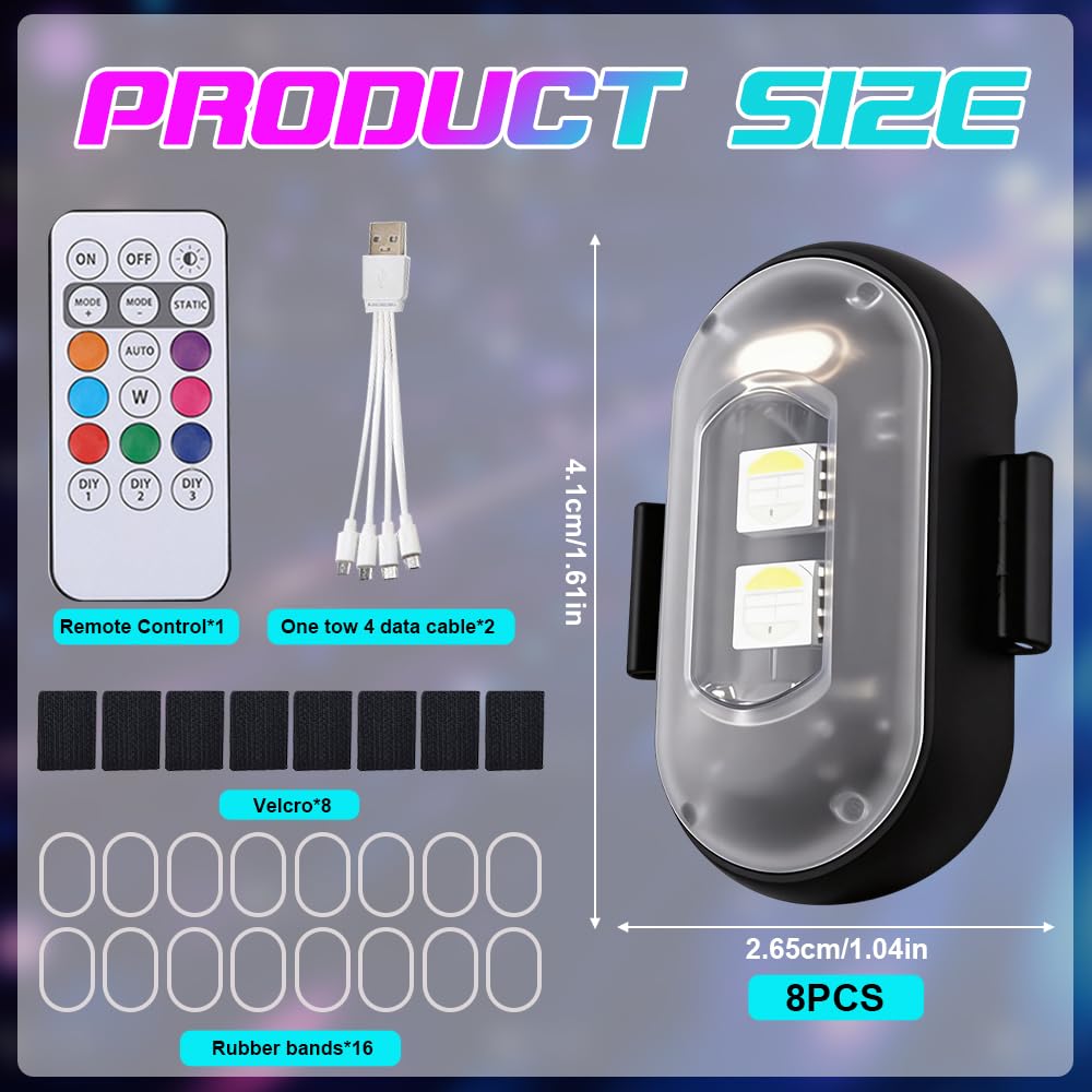 8 Piezas Luz Estroboscopica Drone, 8 Colores LED Estroboscópicas con Control Remoto, USB Estroboscópica de Señal Anticolisión Luz de Advertencia Nocturna para Dron, Camión, Bicicleta