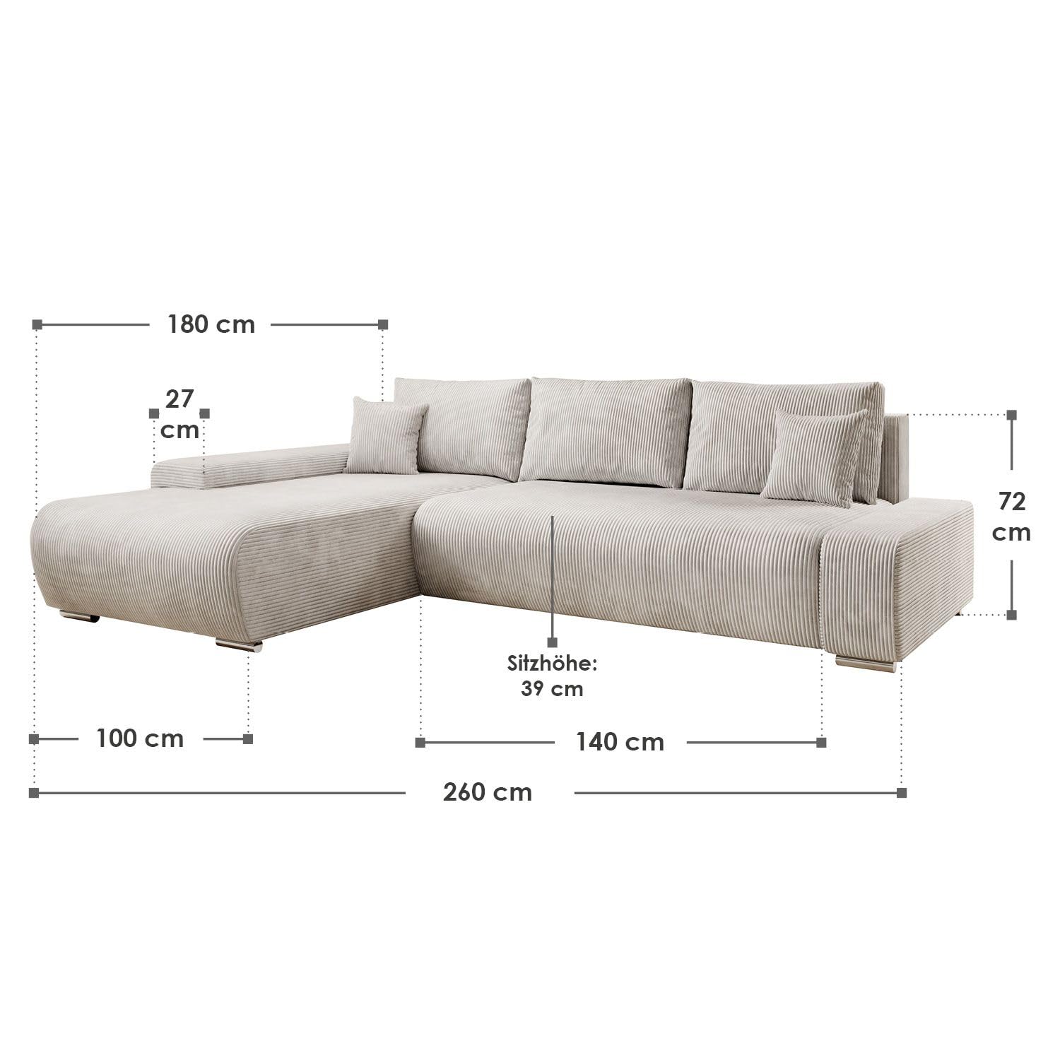 Juskys Sofa Iseo Links mit Schlaffunktion - Stoff Couch L Form für Wohnzimmer, bequem, ausziehbar - Schlafsofa Ecksofa Eckcouch Schlafcouch Beige