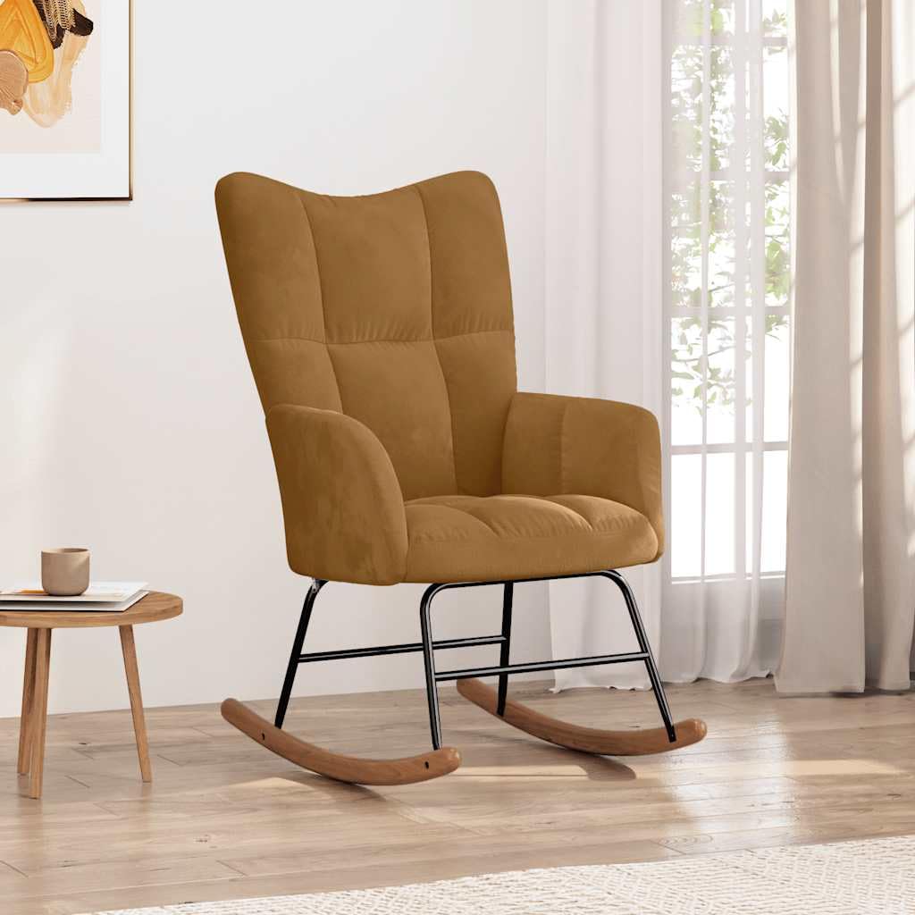 Schaukelstuhl Braun Samt, Moderner Relaxstuhl mit Polsterung und Holzkufen, Eleganter Wippstuhl mit Quadrat-Steppung, Bequemer Polstersessel für Wohnzimmer & Schlafzimmer