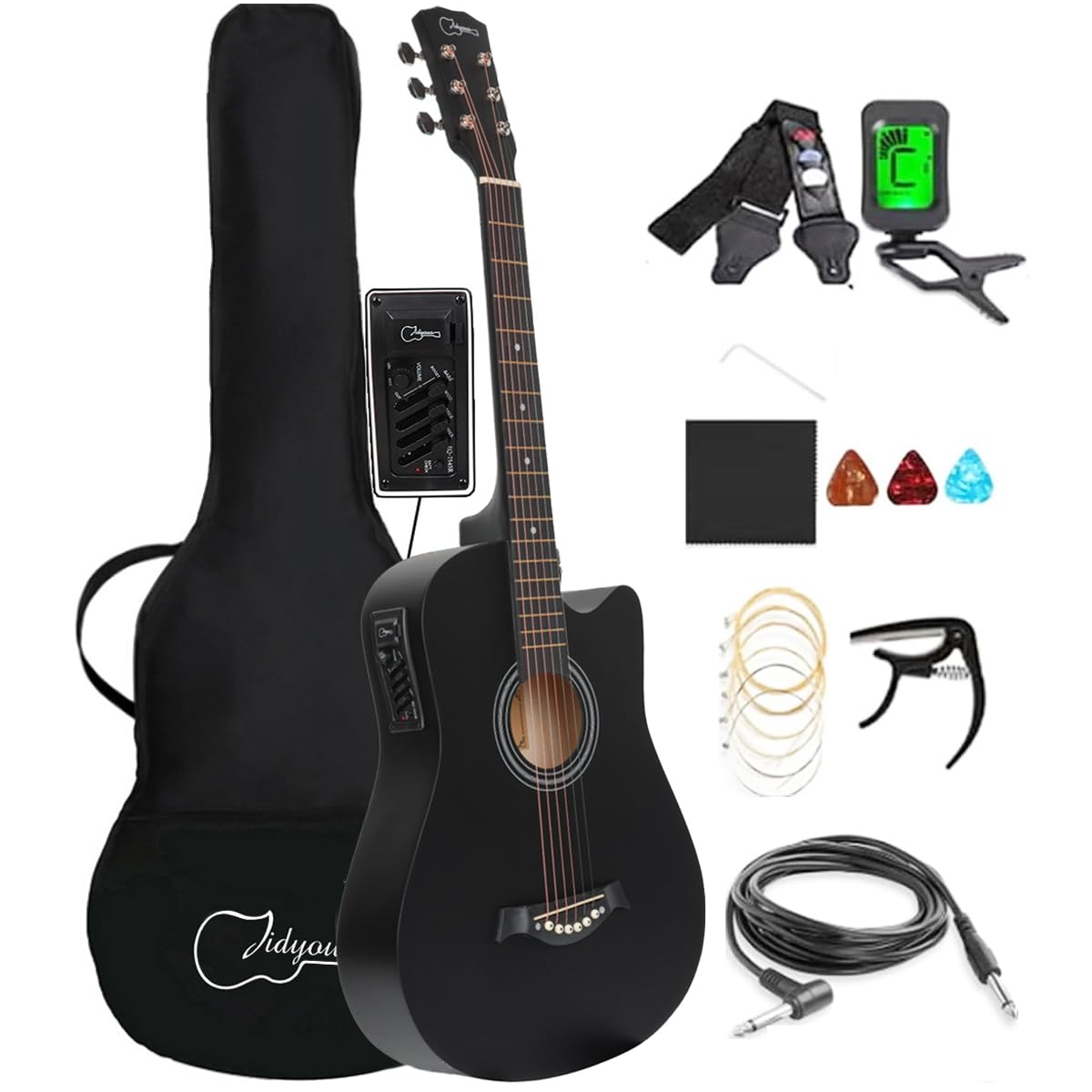 Acoustic Folk 6-String 38-Inch Guitar With Guitar Bag,Tuner,Strings,Picks, Strap, Capo,for Beginner Child Adult,Black