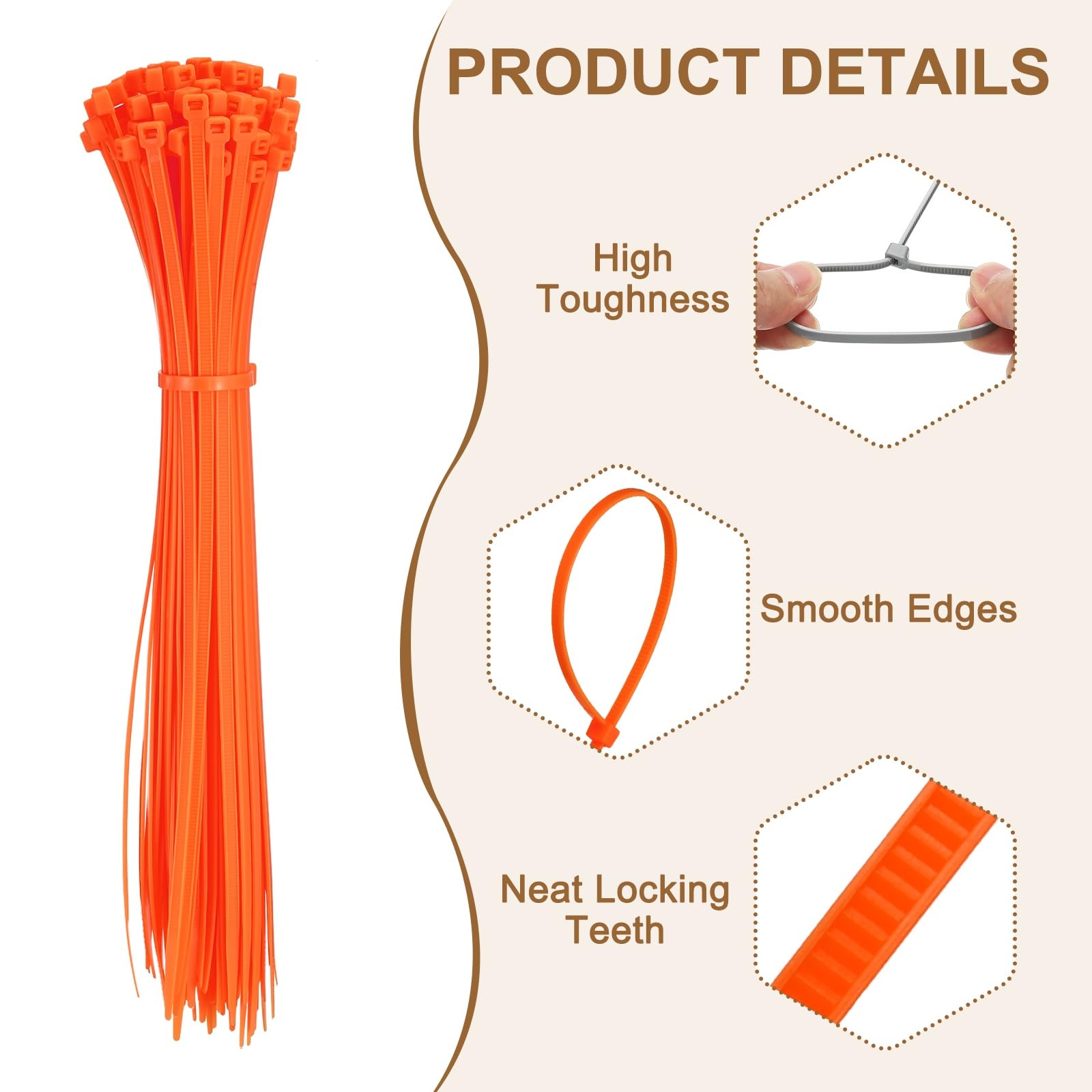 YELARXI Zip Ties Plastic Cable Ties, Self-Locking Wire Zip Tie 12 Inch Fit for Home Garden Office Workshop Travel - (100 Pack, Orange) - Image 3