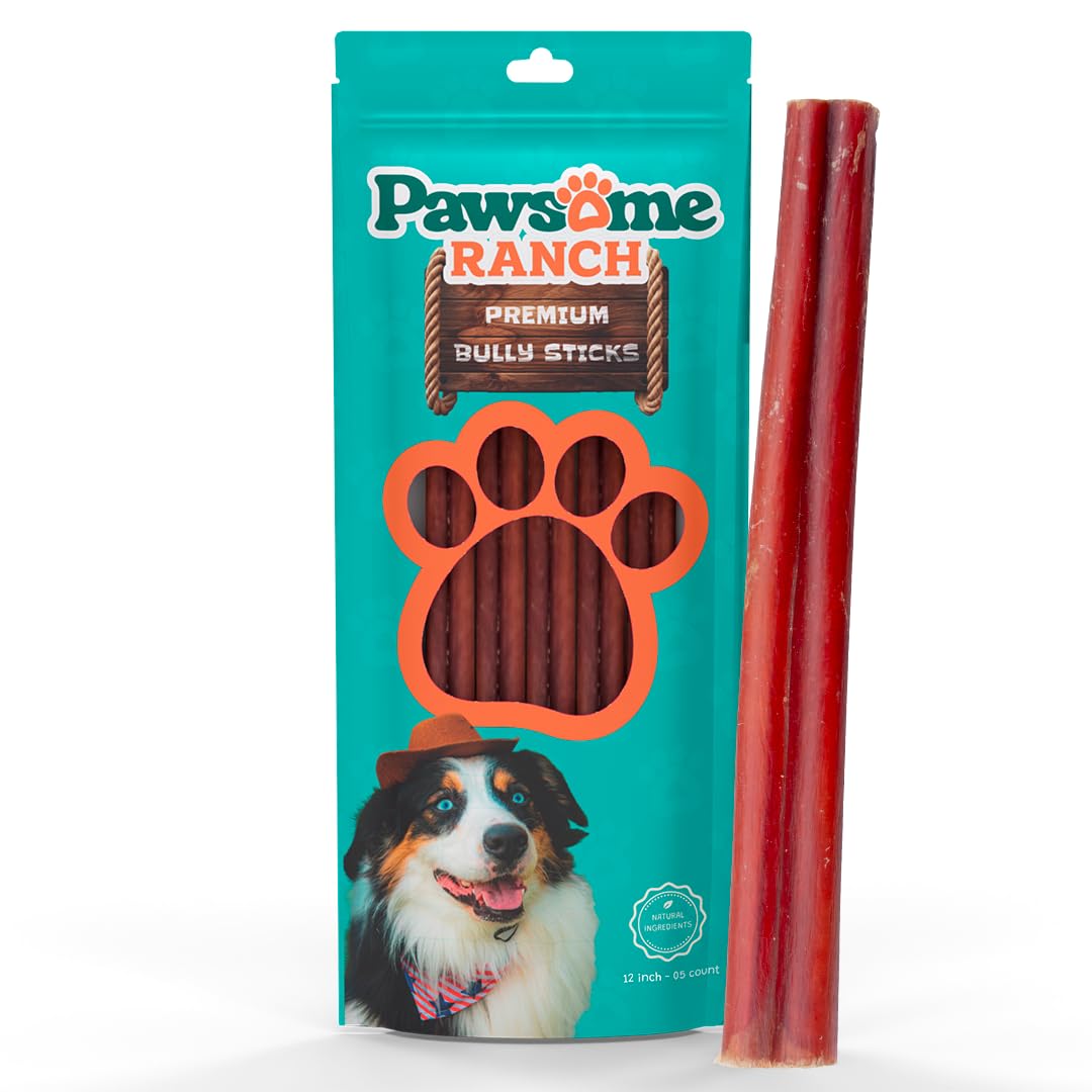 Pawsome Ranch Bully Sticks 12" — 5 Count | Natural Single-Ingredient, Long-Lasting Dog Chews for Medium & Large Dogs; Dental Support, Power-Chewer