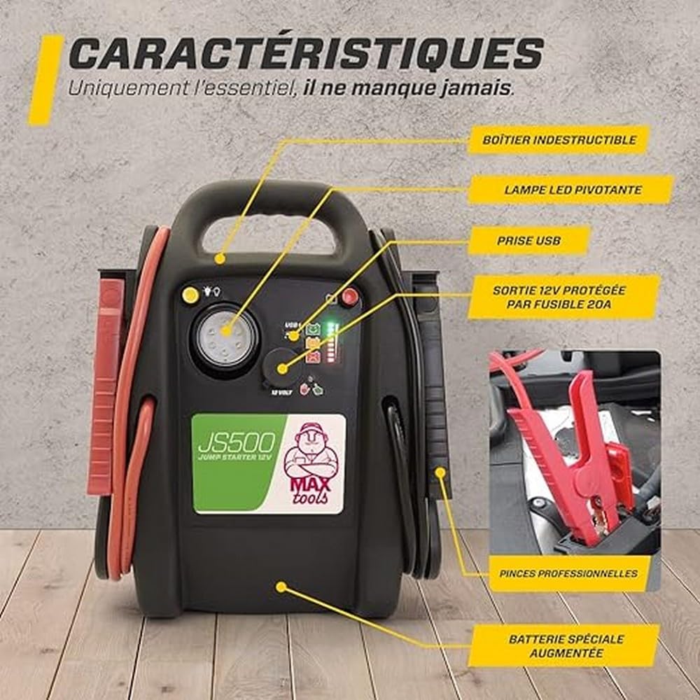 MAXTOOLS, JS1000, Démarreur d’urgence portable Professionnel 1380A 12V 22Ah avec 4140A de