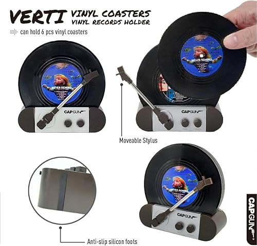 Miniatura 9 de Divertidos posavasos retro para discos de vinilo, juego de 6 posavasos creativos con soporte para tocadiscos de vinilo para amantes de la música,