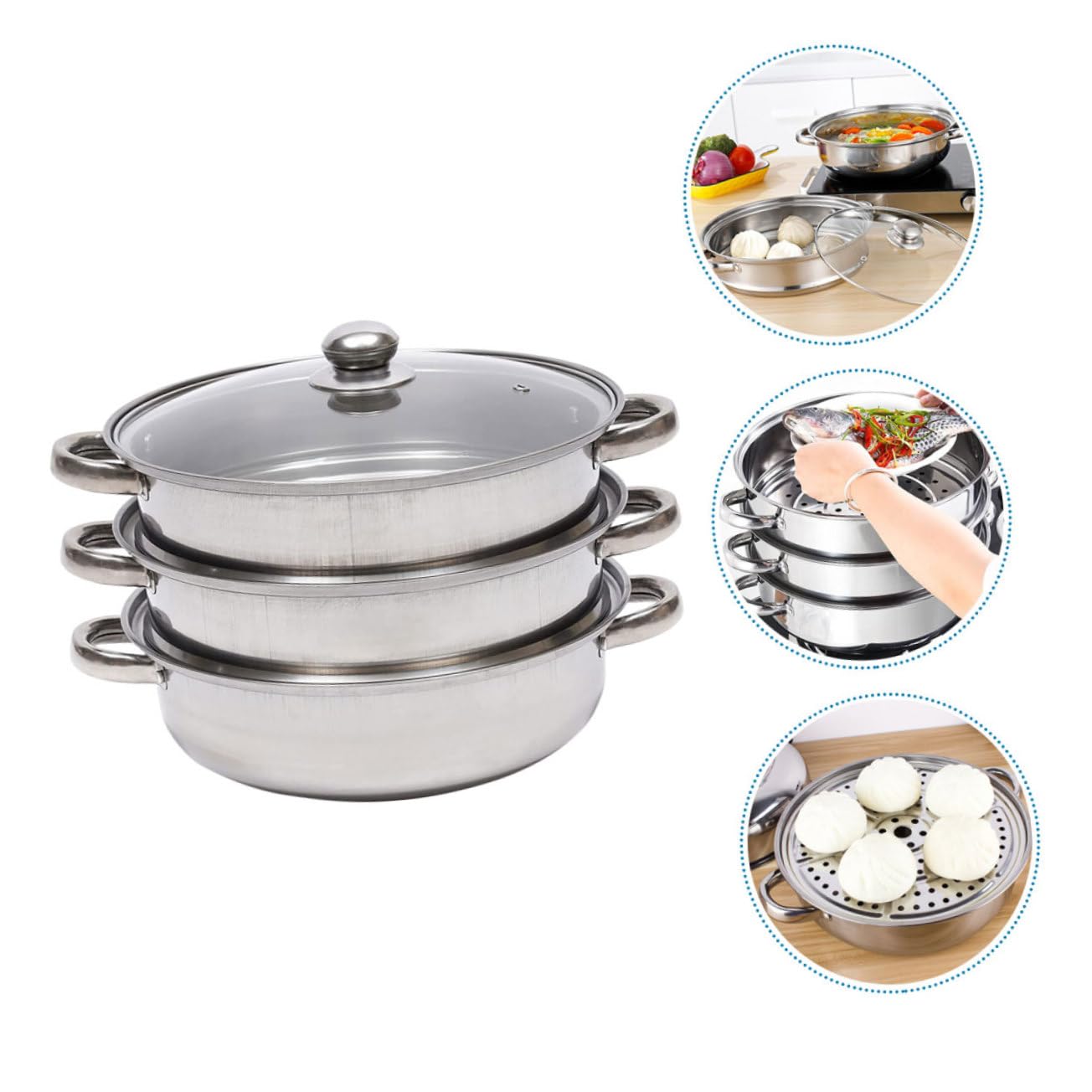 Ciieeo Edelstahl Dampfgarer 28cm mit 3 Schichten Glasdeckel und Viel Platz für Suppe und Gemüse Mehrlagiges Design für Schonendes Kochen im Haushalt