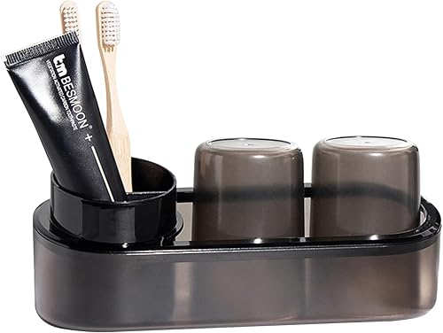 Soporte negro para cepillos de dientes para baño, organizador de baño con 2 vasos de baño, soporte eléctrico para cepillos de dientes para niños,