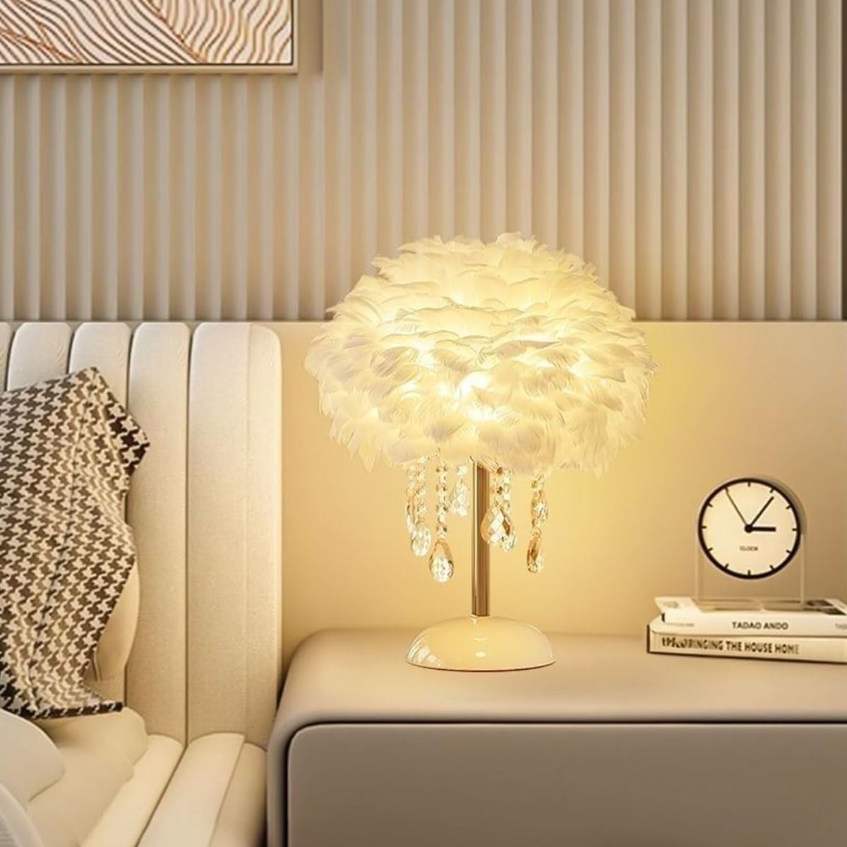 Fandian Feather Table Lamp White with LED Bulb Plug in Feather Night Lights Bedside Lamps for Mother Girlfriend Home Girl Room Wedding Decoration