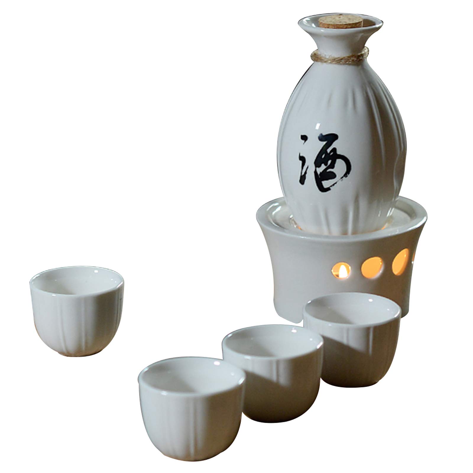 Tasse à saké traditionnelle, verres à vin en céramique, service à saké avec base thermostatique, kit de boissons chaudes japonaises traditionnelles, 6 pièces comprenant 1 poêle, 1 bouteille de saké et