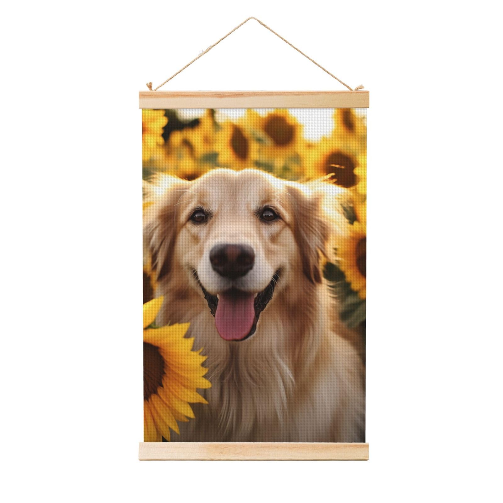 Dog and Sunflower Poster Wooden Shaft Hanging Poster Wall Hanging Banner Canvas Artwork with Wood Frames 12"x18" Modern Artwork Decor Ready to Hang Wall Art for Home Decor Scroll Painting