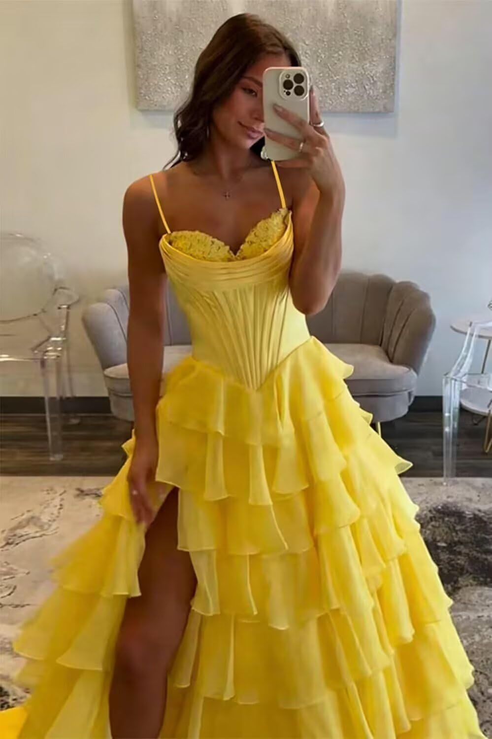 Spaghetti Straps Prom Dresses for Women Corset Tiered Ruffle Floral Chiffon V Neck Formal Evening Party Gowns with Slit