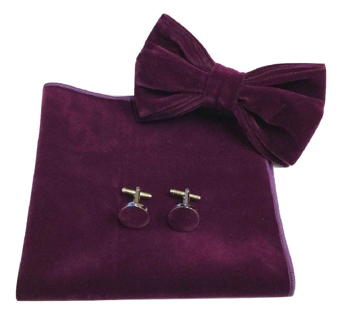 L&L® Men's Classic Velvet Bow Tie + Pocket Square Hanky + Cuff links Set UK (Purple)