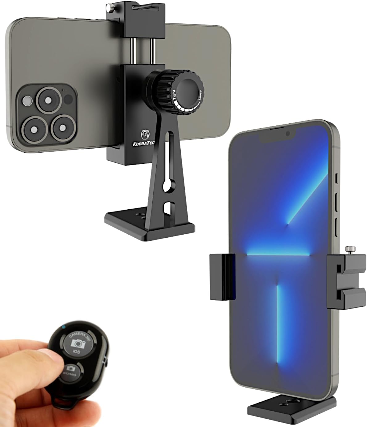 KobraTech Metal Cell Phone Tripod Mount - UniMount 360 Pro Heavy Duty iPhone Tripod Mount with Bluetooth Remote Shutter