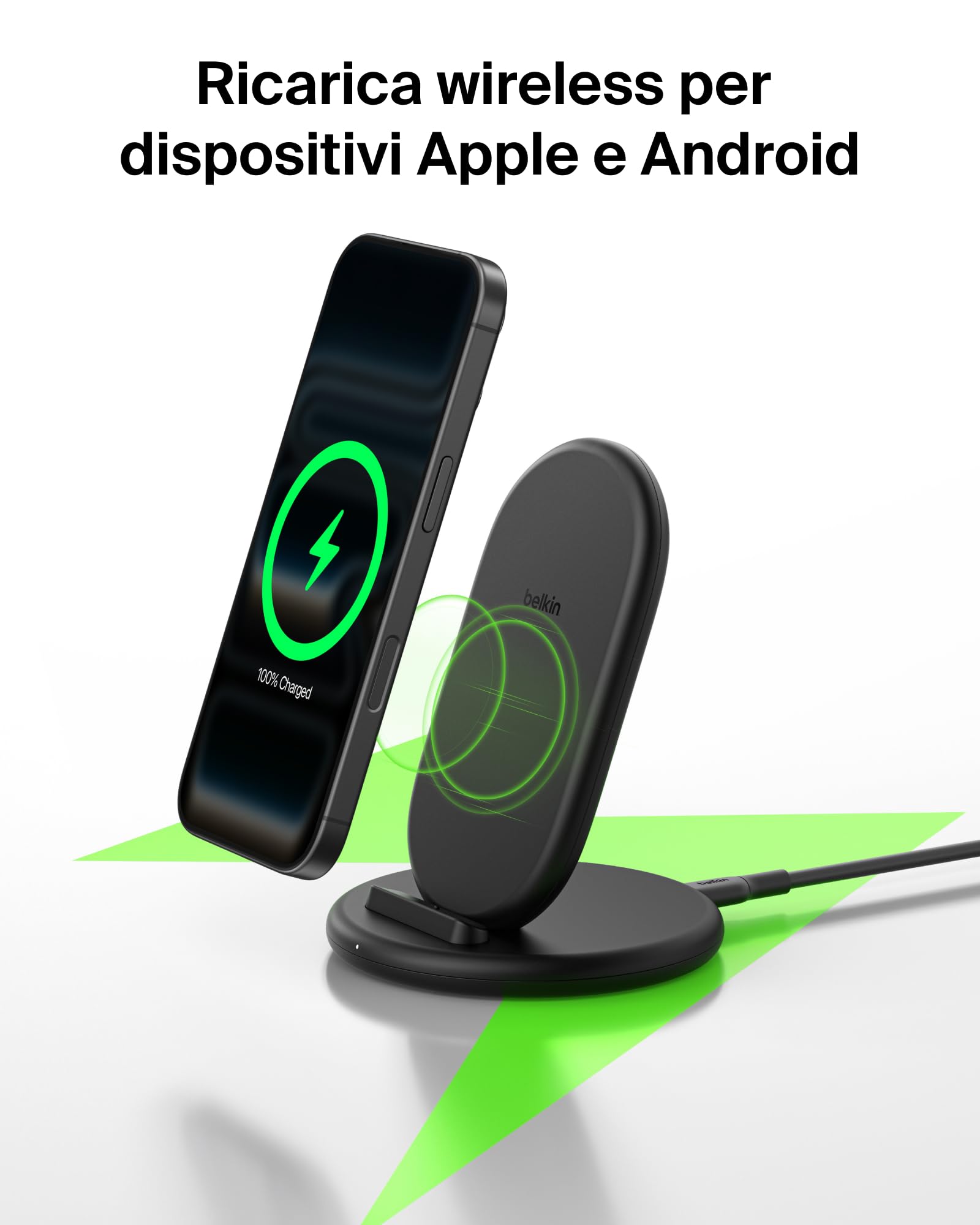 Belkin BoostCharge Caricatore Wireless, Supporto Ricarica Compatibile con Custodie per Telefono, Ricarica Wireless per iPhone, Samsung Galaxy, Google Pixel, Cavo Inclusi, Nero