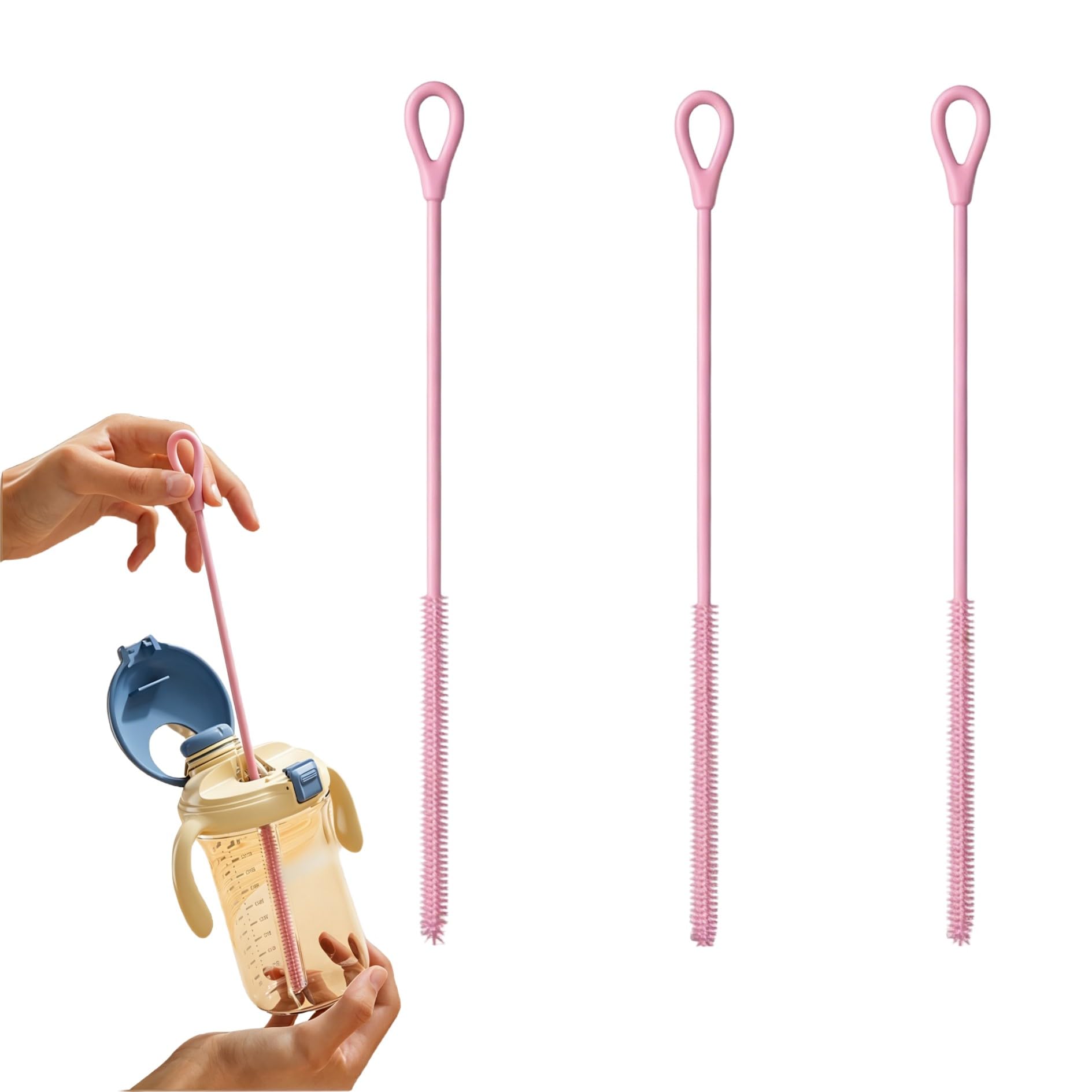 Auralura 3pcs Silicone Straw Brush, 9.5in Extra Long Reusable Straw Cleaning, Straw Cleaner Brush Set for Stanley Metal Glass Straws Accessories (Pink)