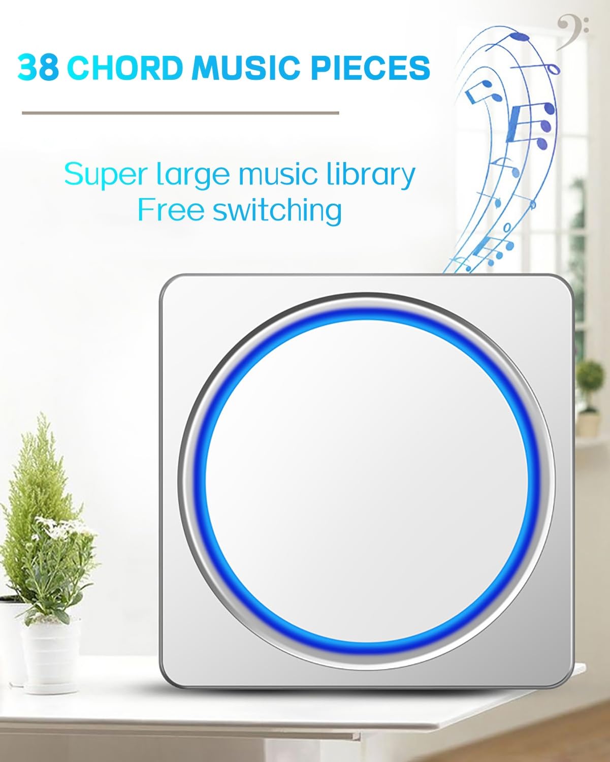 Genérico Timbre inalámbrico de 300 m de Largo Alcance con 2 receptores, Mini Timbre IP68 Resistente al Agua, Flash LED, 4 Niveles de Volumen, 38 melodías, Flash LED, Dorado.