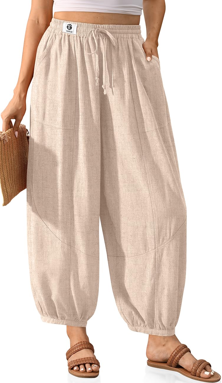 TARSE Womens Linen Barrel Harem Pants Casual Wide Leg Baggy Drawstring Boho Summer Beach Palazzo Travel Pants