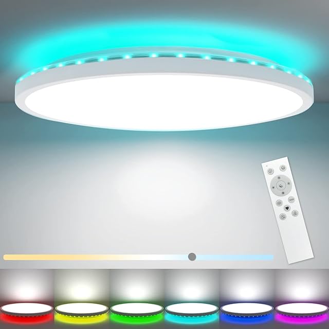 LED Ceiling Light 3000-6500K, 24W 3200LM Bathroom Light Dimmable with Remote Control, RGB Color Changing Backlight, Timer & Memory, Flush Ceiling Light Round Ceiling Lights for Bedroom Kitchen Hallway