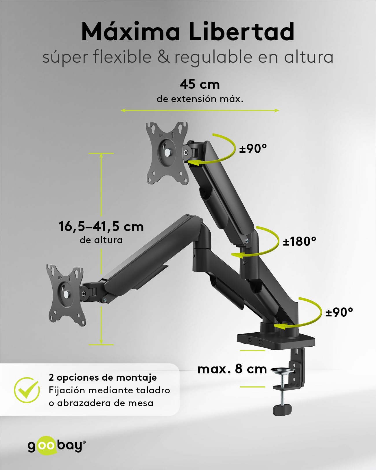 Soporte para 2 monitores Gas 17-32" inclinable Giratorio VESA hasta 9 kg